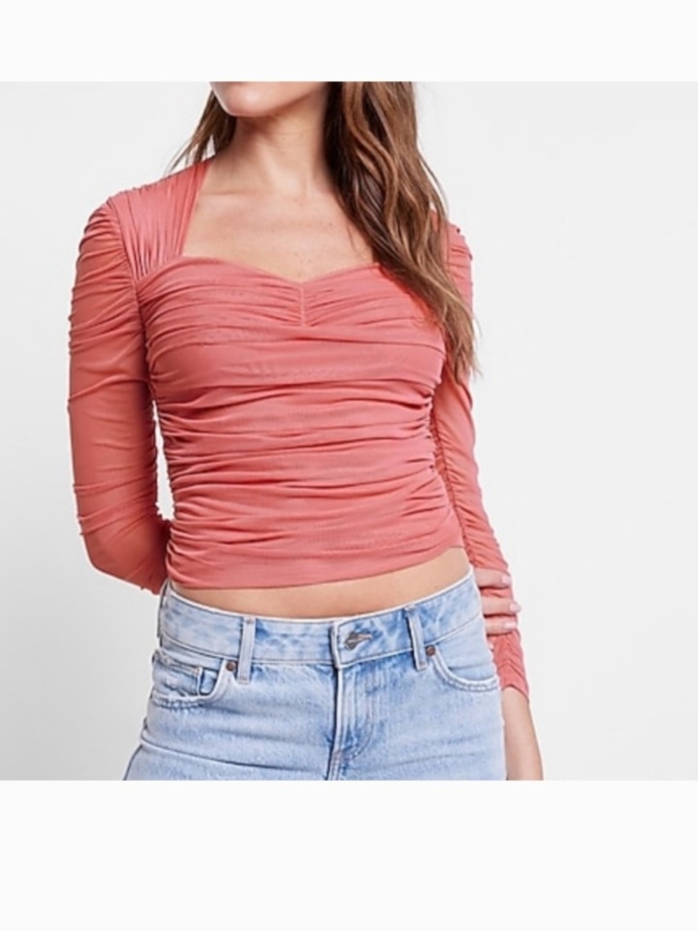 Express Ruched Long Sleeve Sweetheart Top - Dusty Rose
